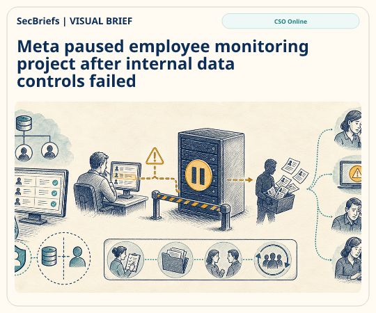 SecBriefs homepage illustration for “Meta paused employee monitoring project after internal data controls failed”; source CSO Online.