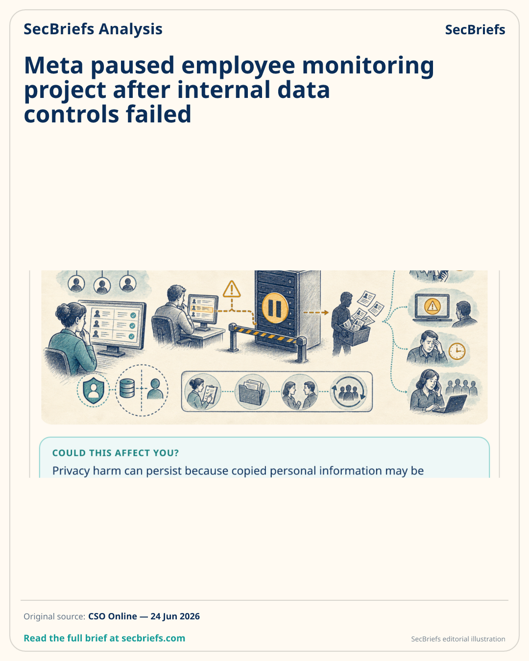 SecBriefs homepage illustration for “Meta paused employee monitoring project after internal data controls failed”; source CSO Online.