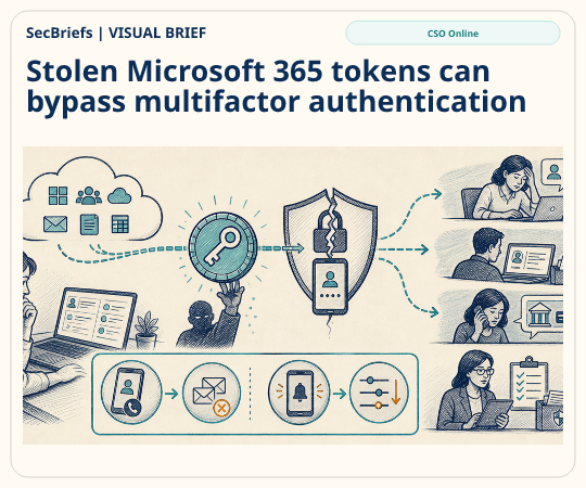 SecBriefs homepage illustration for “Stolen Microsoft 365 tokens can bypass multifactor authentication”; source CSO Online.
