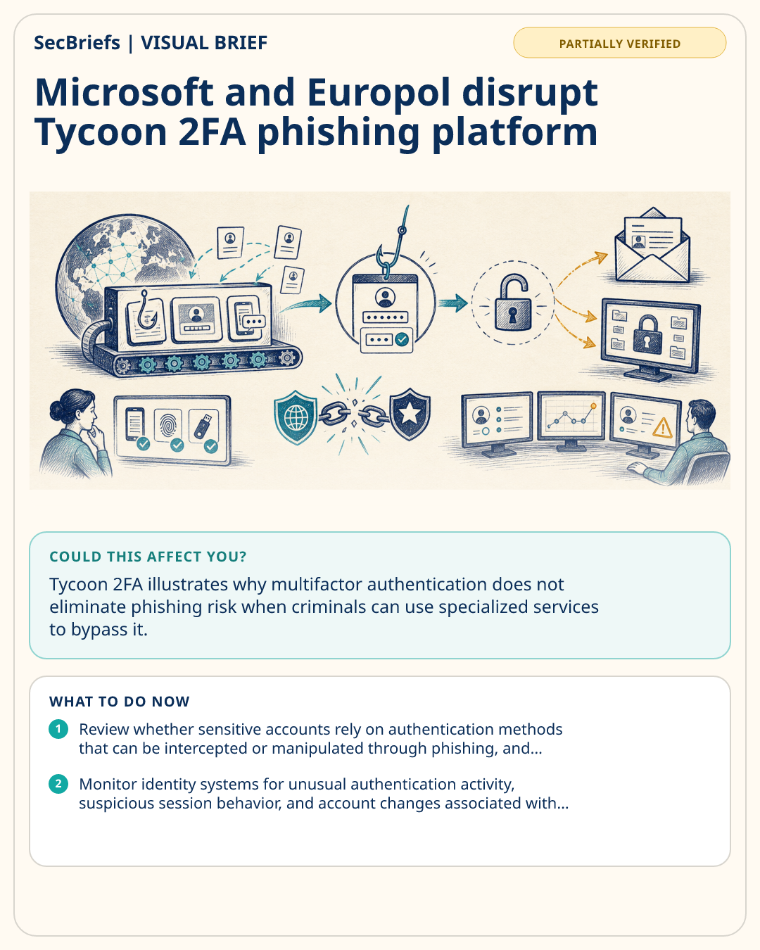 SecBriefs visual brief for Microsoft and Europol disrupt Tycoon 2FA phishing platform