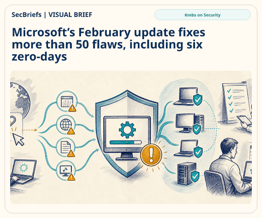 SecBriefs homepage illustration for “Microsoft’s February update fixes more than 50 flaws, including six zero-days”; source Krebs on Security.