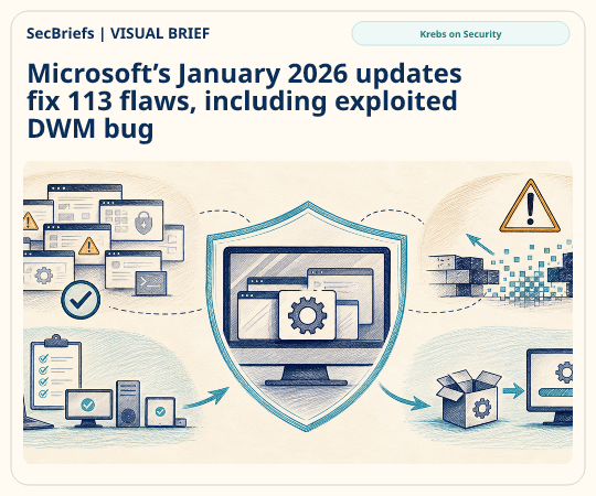 SecBriefs homepage illustration for “Microsoft’s January 2026 updates fix 113 flaws, including exploited DWM bug”; source Krebs on Security.
