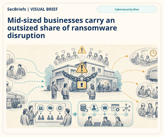 SecBriefs homepage illustration for “Mid-sized businesses carry an outsized share of ransomware disruption”; source Cybersecurity Dive.