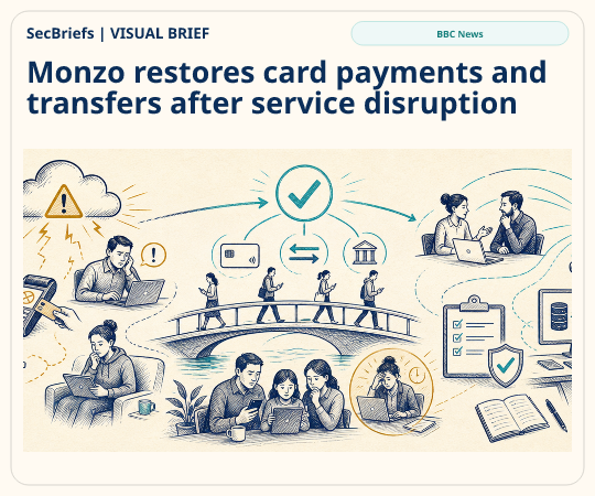 SecBriefs homepage illustration for “Monzo restores card payments and transfers after service disruption”; source BBC News.