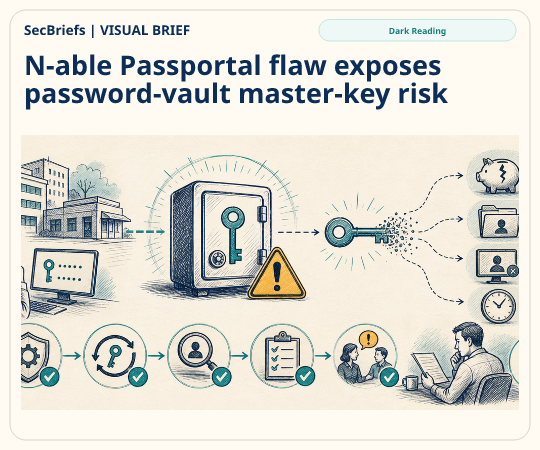 SecBriefs homepage illustration for “N-able Passportal flaw exposes password-vault master-key risk”; source Dark Reading.