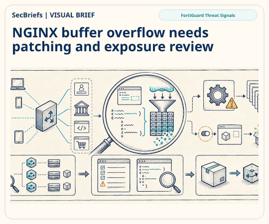 SecBriefs homepage illustration for “NGINX buffer overflow needs patching and exposure review”; source FortiGuard Threat Signals.