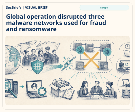 SecBriefs homepage illustration for “Global operation disrupted three malware networks used for fraud and ransomware”; source Europol.
