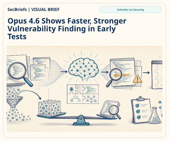 SecBriefs homepage illustration for “Opus 4.6 Shows Faster, Stronger Vulnerability Finding in Early Tests”; source Schneier on Security.