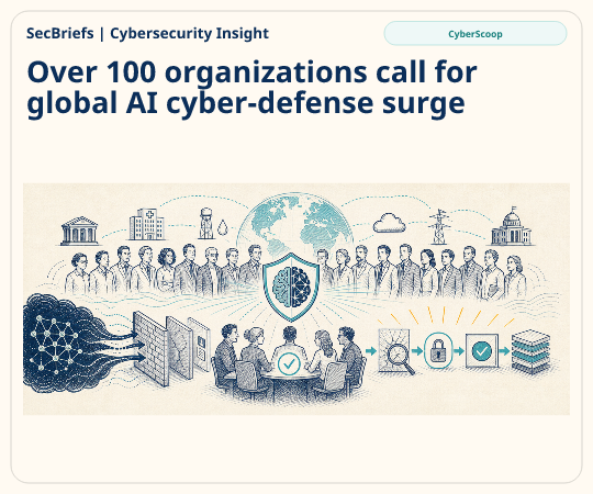 SecBriefs homepage illustration for “Over 100 organizations call for global AI cyber-defense surge”; source CyberScoop.