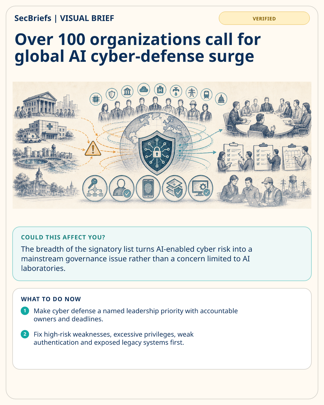 SecBriefs visual brief for Over 100 organizations call for global AI cyber-defense surge