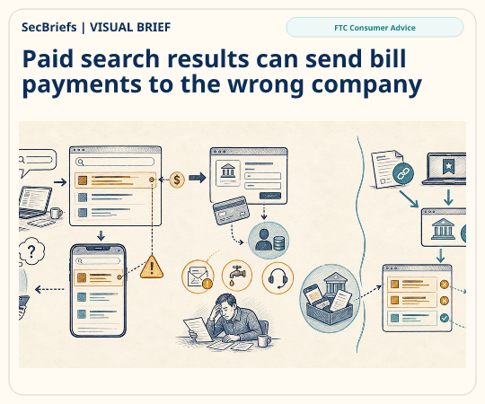 SecBriefs homepage illustration for “Paid search results can send bill payments to the wrong company”; source FTC Consumer Advice.