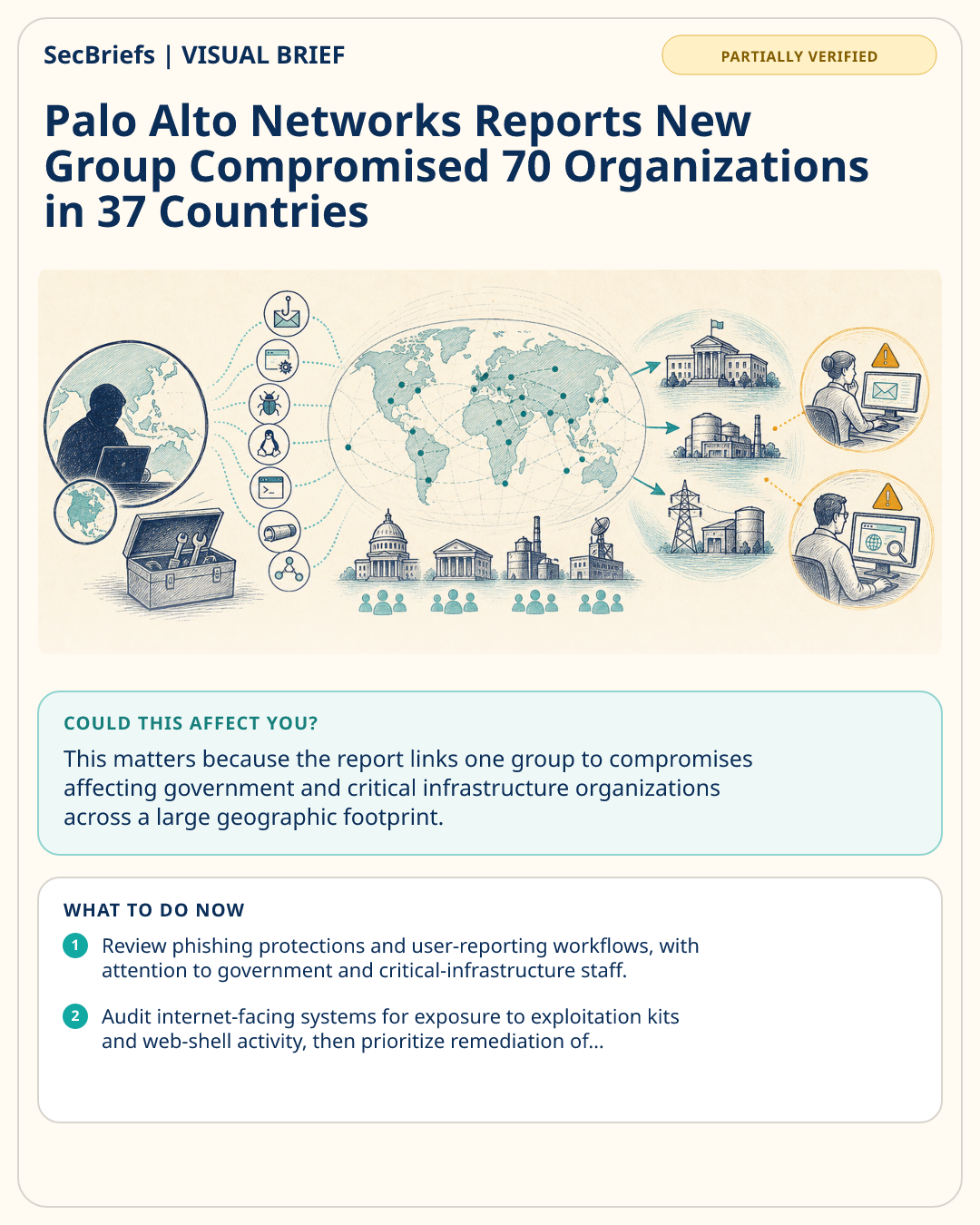 SecBriefs visual brief for Palo Alto Networks Reports New Group Compromised 70 Organizations in 37 Countries