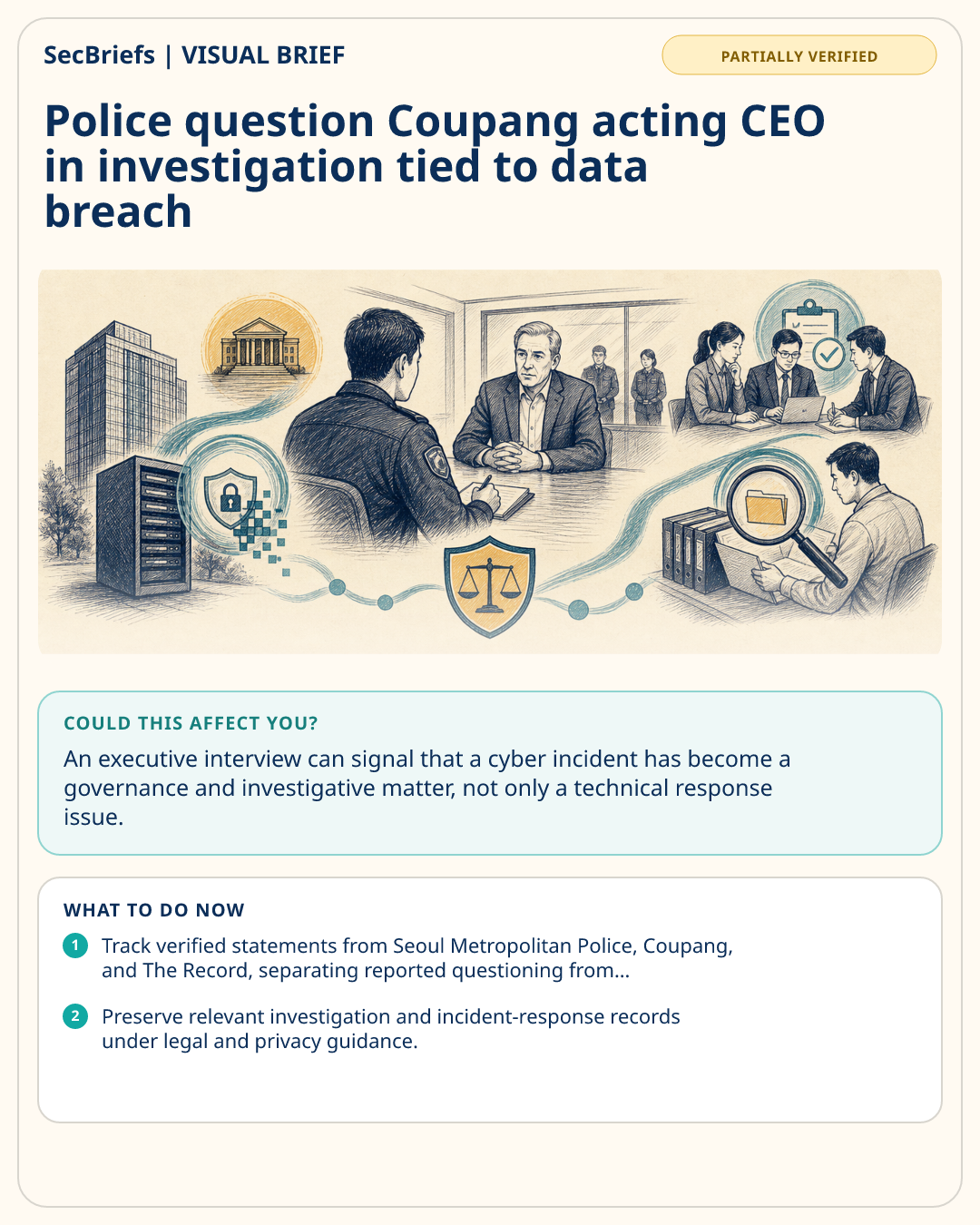 SecBriefs visual brief for Police question Coupang acting CEO in investigation tied to data breach