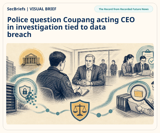 SecBriefs homepage illustration for “Police question Coupang acting CEO in investigation tied to data breach”; source The Record from Recorded Future News.