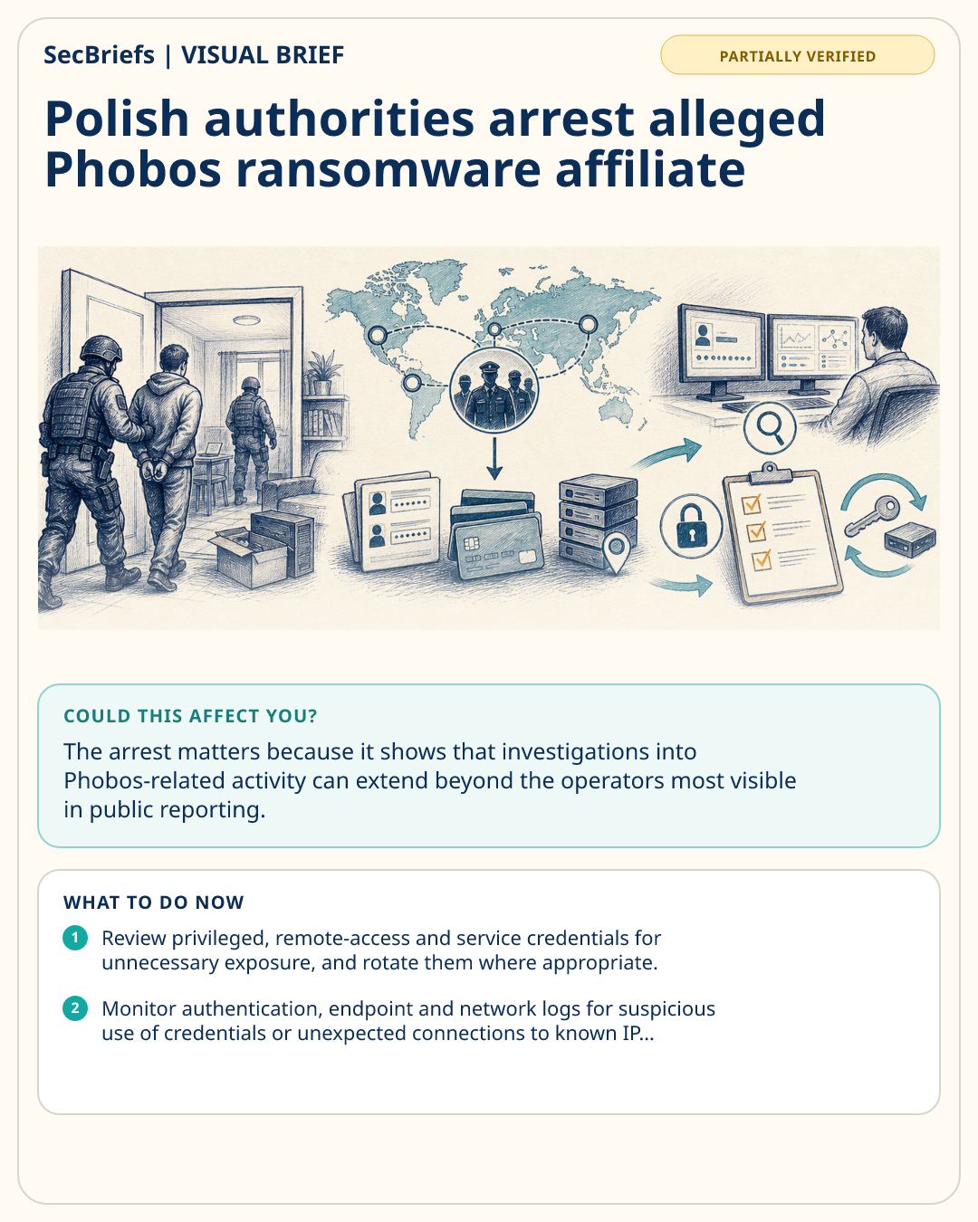 SecBriefs visual brief for Polish authorities arrest alleged Phobos ransomware affiliate