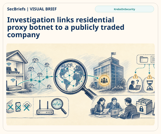 SecBriefs homepage illustration for “Investigation links residential proxy botnet to a publicly traded company”; source KrebsOnSecurity.