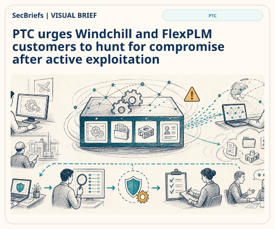 SecBriefs homepage illustration for “PTC urges Windchill and FlexPLM customers to hunt for compromise after active exploitation”; source PTC.