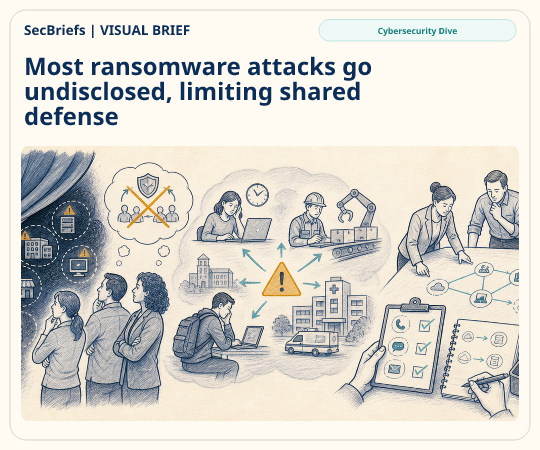 SecBriefs homepage illustration for “Most ransomware attacks go undisclosed, limiting shared defense”; source Cybersecurity Dive.