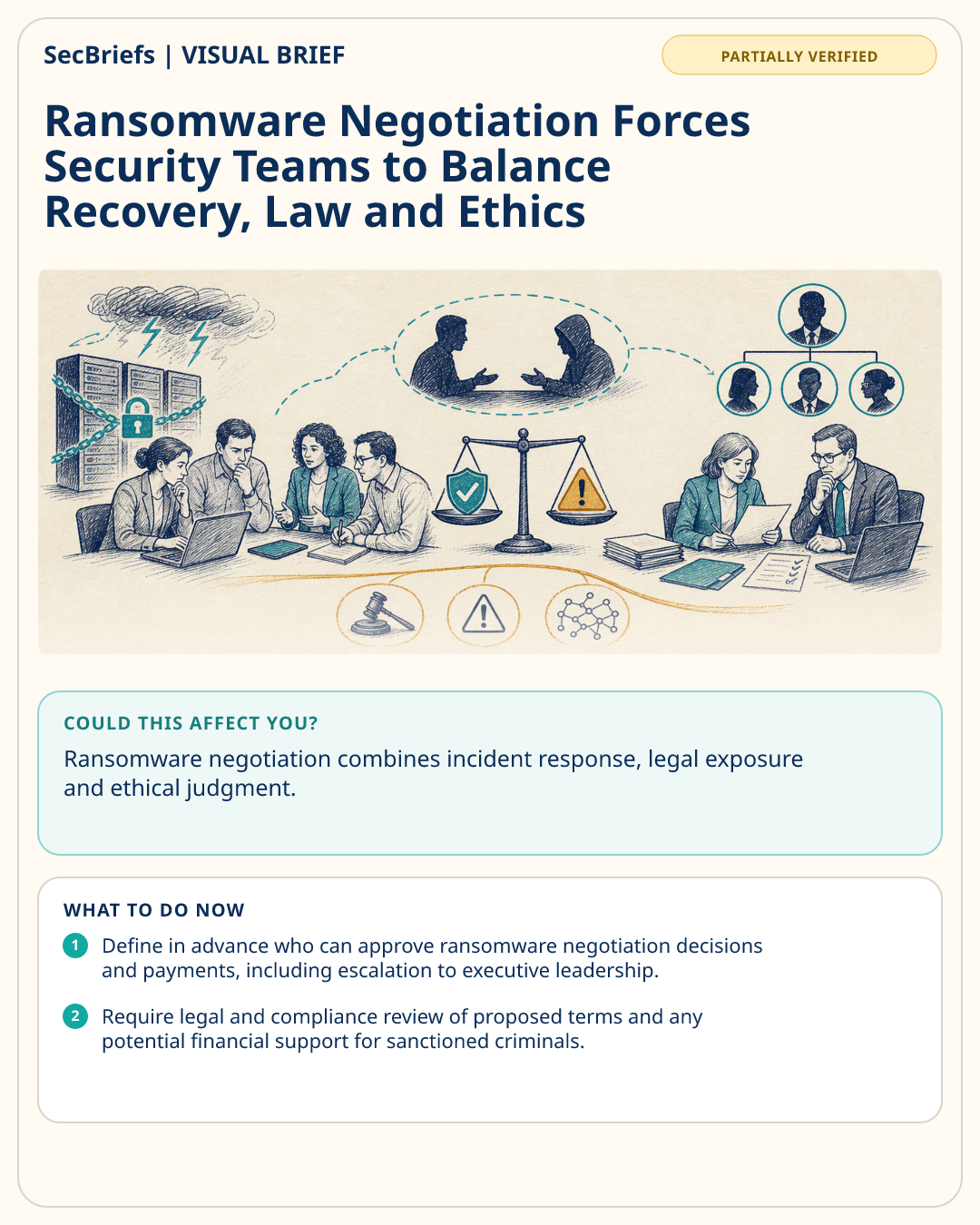 SecBriefs visual brief for Ransomware Negotiation Forces Security Teams to Balance Recovery, Law and Ethics