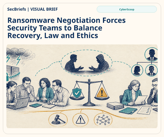 SecBriefs homepage illustration for “Ransomware Negotiation Forces Security Teams to Balance Recovery, Law and Ethics”; source CyberScoop.