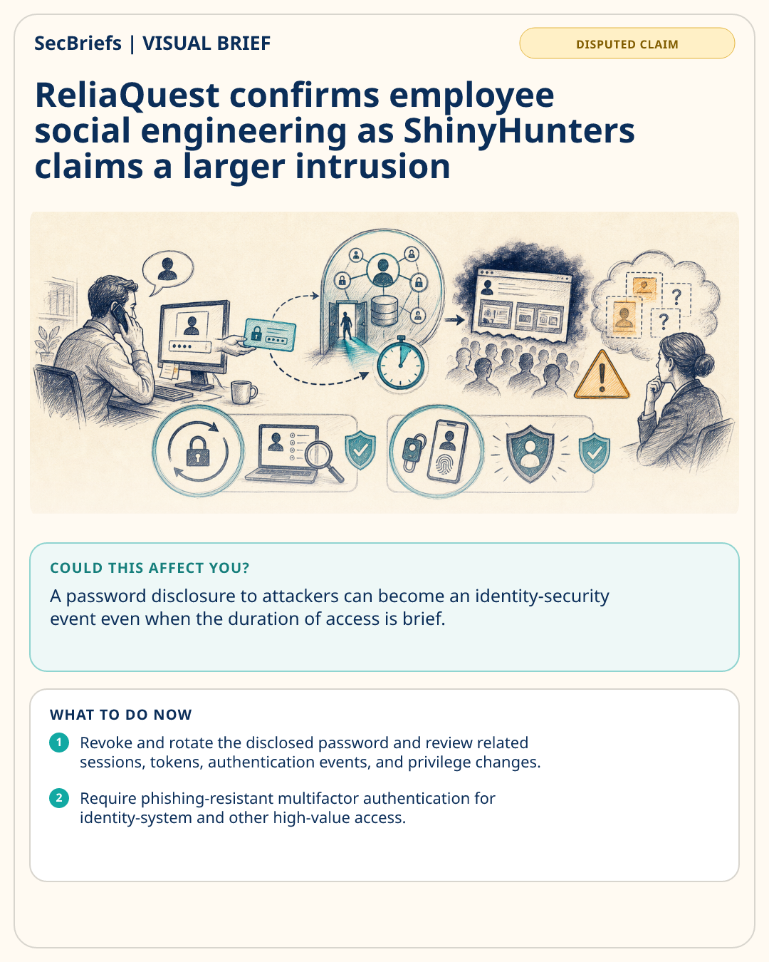 SecBriefs visual brief for ReliaQuest confirms employee social engineering as ShinyHunters claims a larger intrusion