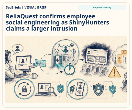 SecBriefs homepage illustration for “ReliaQuest confirms employee social engineering as ShinyHunters claims a larger intrusion”; source Help Net Security.