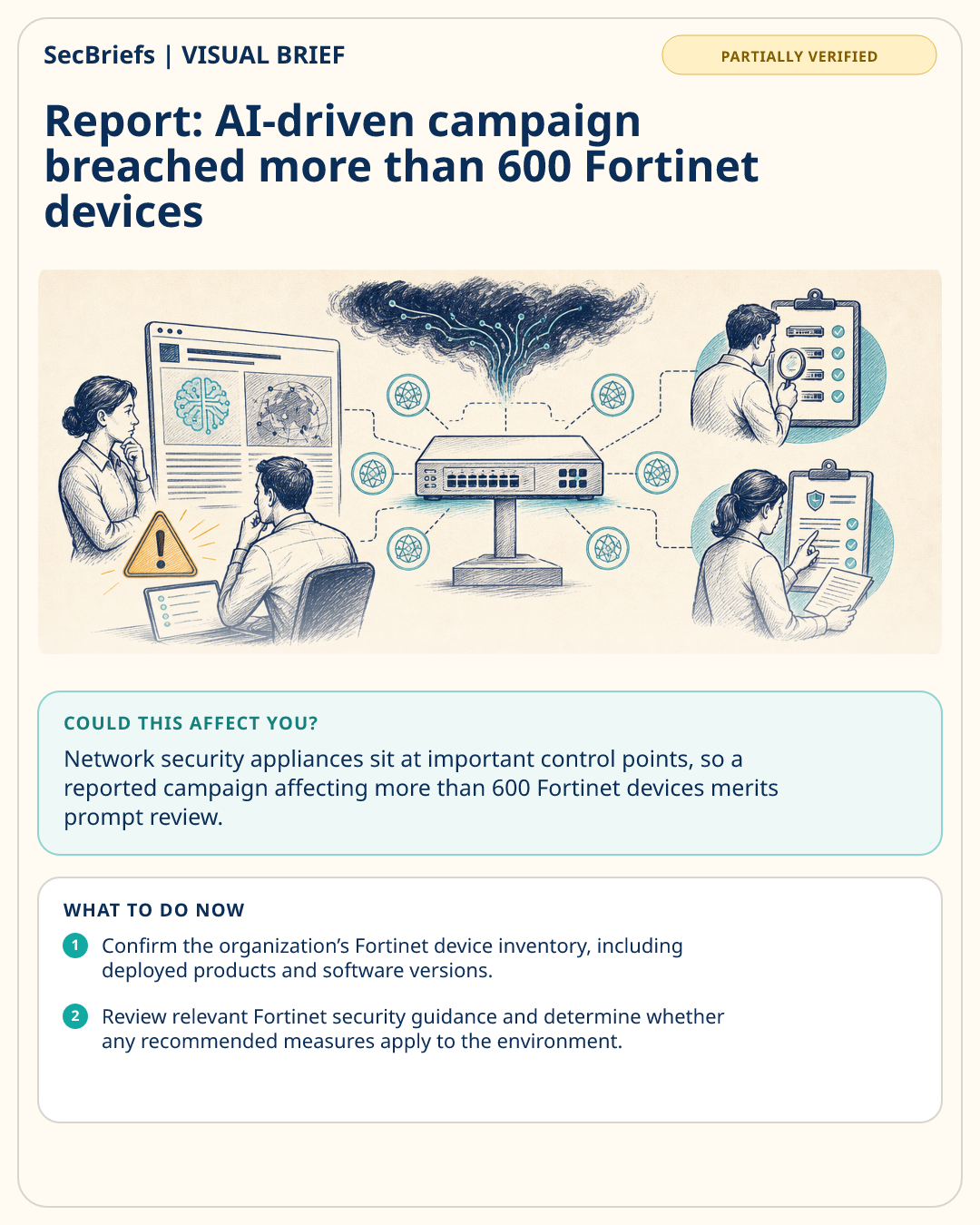 SecBriefs visual brief for Report: AI-driven campaign breached more than 600 Fortinet devices