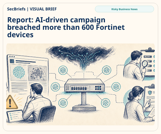 SecBriefs homepage illustration for “Report: AI-driven campaign breached more than 600 Fortinet devices”; source Risky Business News.
