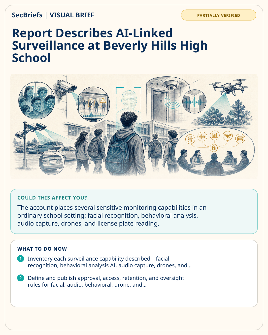 SecBriefs visual brief for Report Describes AI-Linked Surveillance at Beverly Hills High School