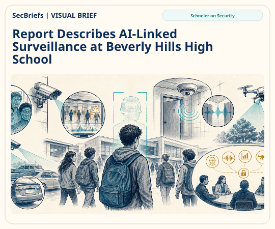 SecBriefs homepage illustration for “Report Describes AI-Linked Surveillance at Beverly Hills High School”; source Schneier on Security.