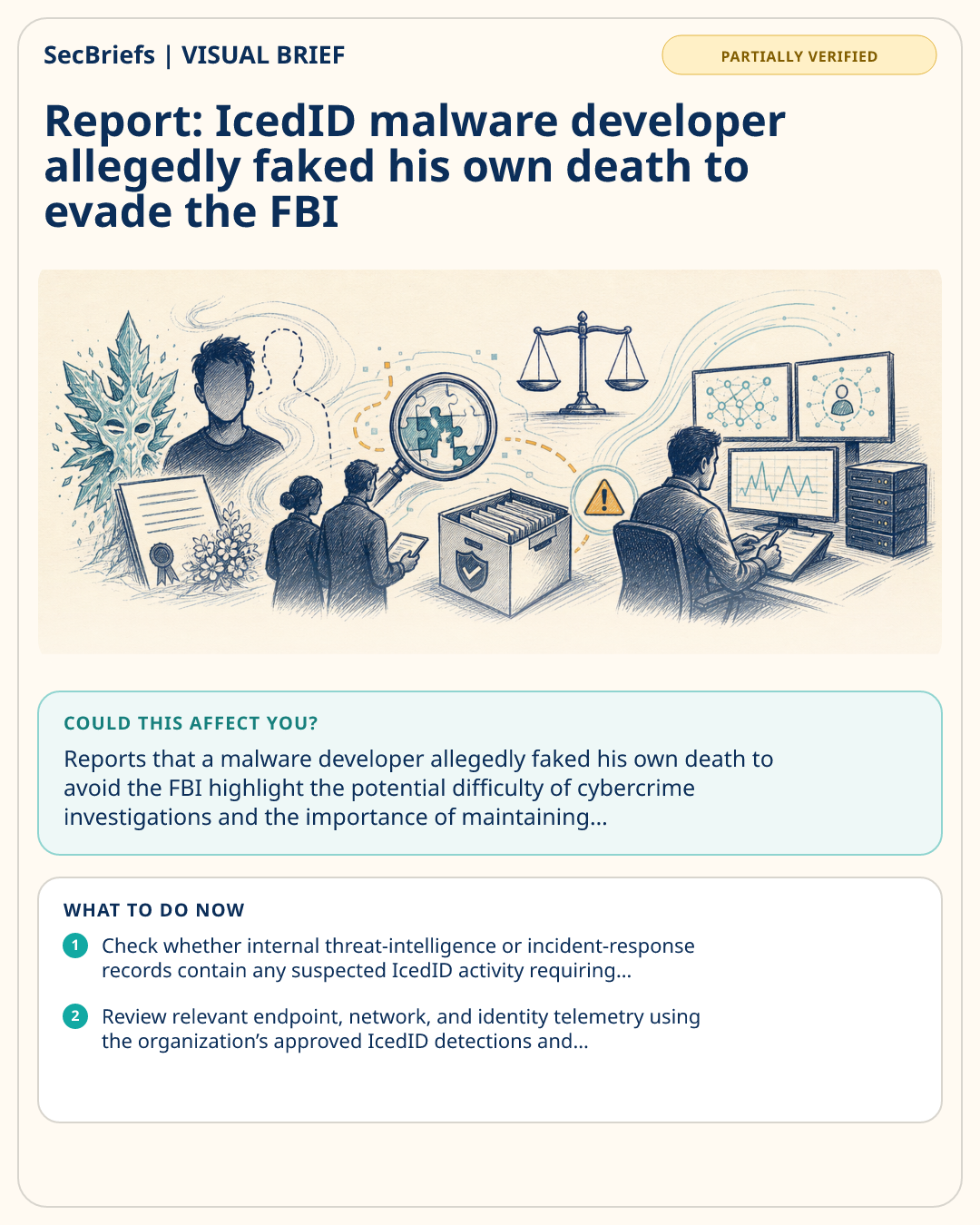 SecBriefs visual brief for Report: IcedID malware developer allegedly faked his own death to evade the FBI