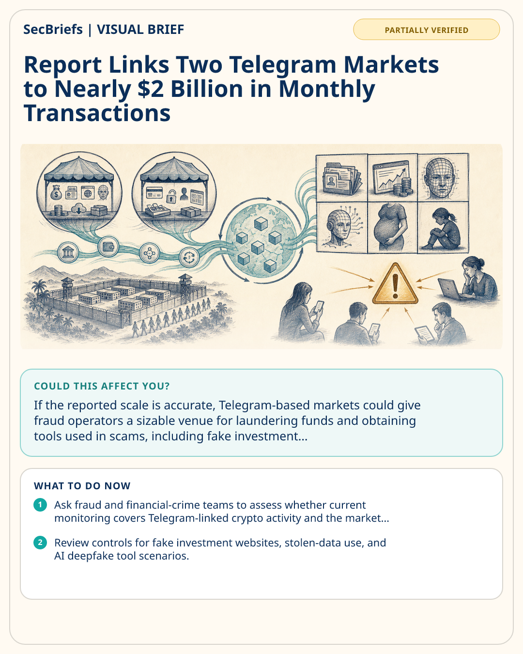 SecBriefs visual brief for Report Links Two Telegram Markets to Nearly $2 Billion in Monthly Transactions