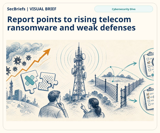 SecBriefs homepage illustration for “Report points to rising telecom ransomware and weak defenses”; source Cybersecurity Dive.