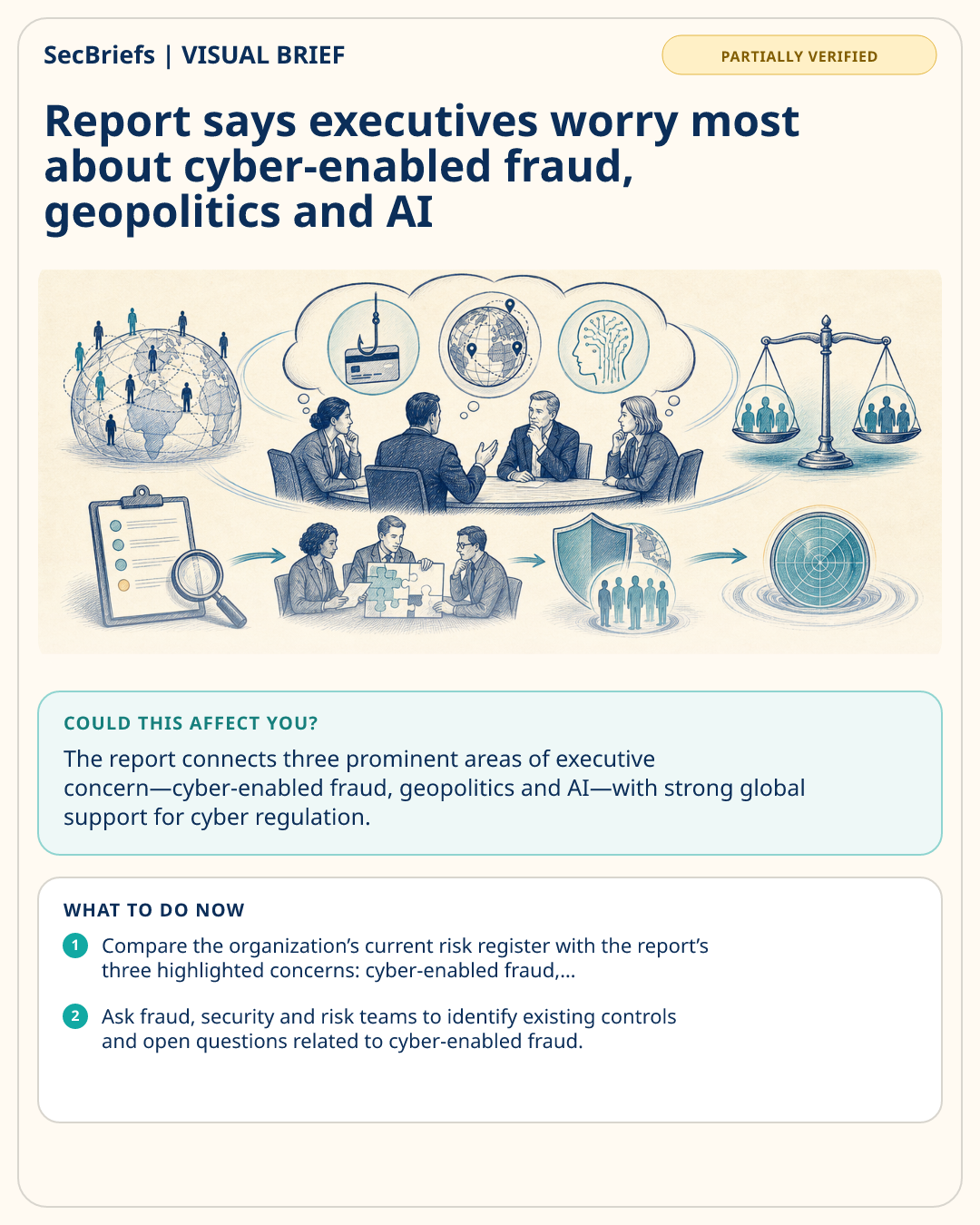SecBriefs visual brief for Report says executives worry most about cyber-enabled fraud, geopolitics and AI