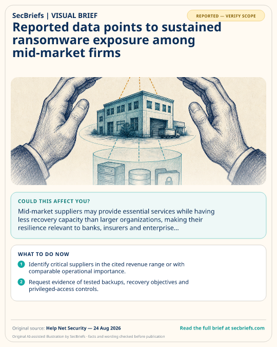 SecBriefs visual brief for “Reported data points to sustained ransomware exposure among mid-market firms”; source Help Net Security, 24 Aug 2026.