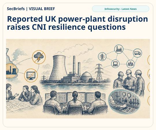 SecBriefs homepage illustration for “Reported UK power-plant disruption raises CNI resilience questions”; source Infosecurity - Latest News.