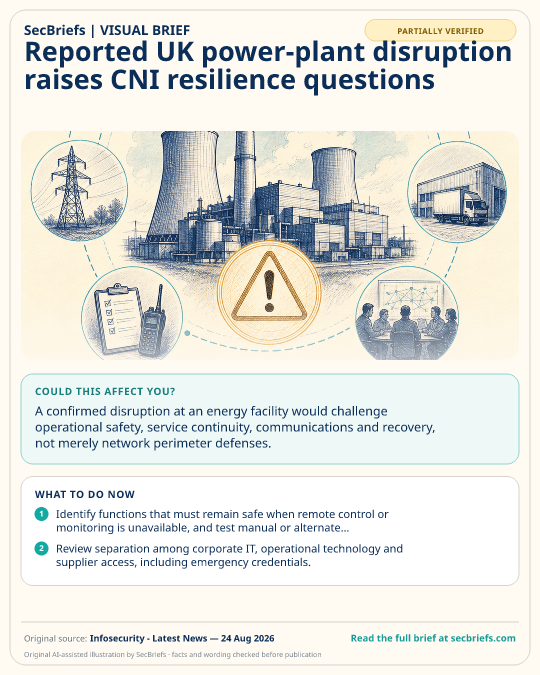 SecBriefs visual brief for “Reported UK power-plant disruption raises CNI resilience questions”; source Infosecurity - Latest News, 24 Aug 2026.