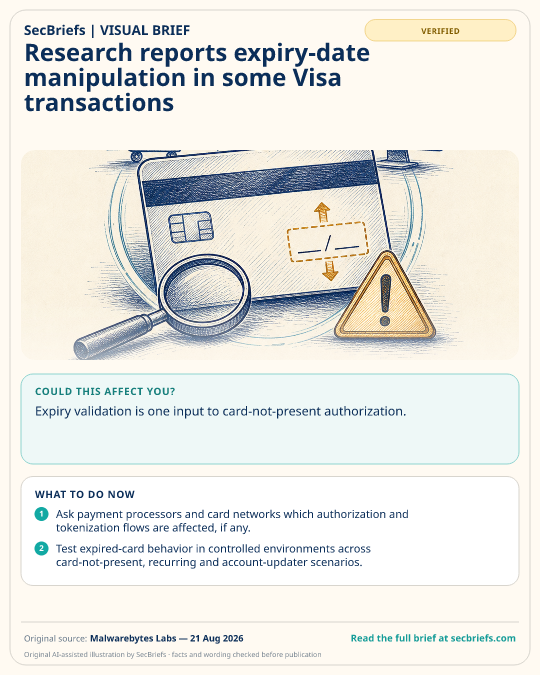 SecBriefs visual brief for “Research reports expiry-date manipulation in some Visa transactions”; source Malwarebytes Labs, 21 Aug 2026.