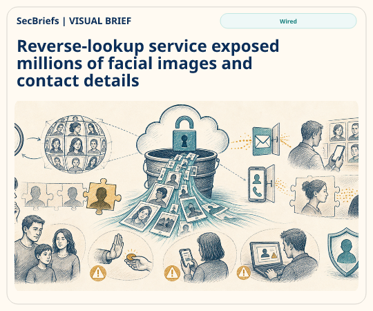 SecBriefs homepage illustration for “Reverse-lookup service exposed millions of facial images and contact details”; source Wired.