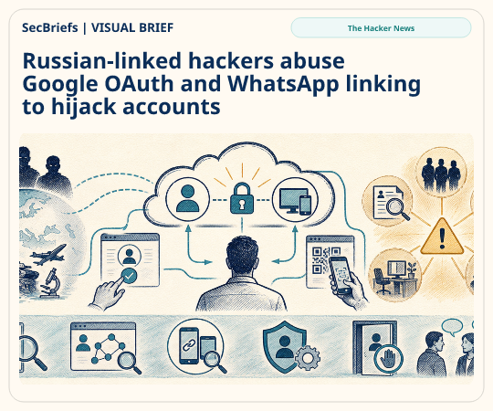 SecBriefs homepage illustration for “Russian-linked hackers abuse Google OAuth and WhatsApp linking to hijack accounts”; source The Hacker News.