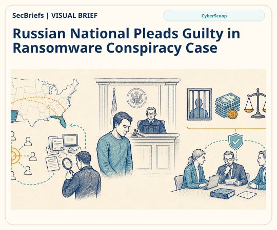 SecBriefs homepage illustration for “Russian National Pleads Guilty in Ransomware Conspiracy Case”; source CyberScoop.
