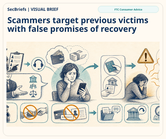 SecBriefs homepage illustration for “Scammers target previous victims with false promises of recovery”; source FTC Consumer Advice.