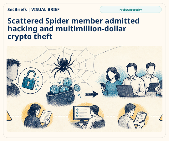 SecBriefs homepage illustration for “Scattered Spider member admitted hacking and multimillion-dollar crypto theft”; source KrebsOnSecurity.