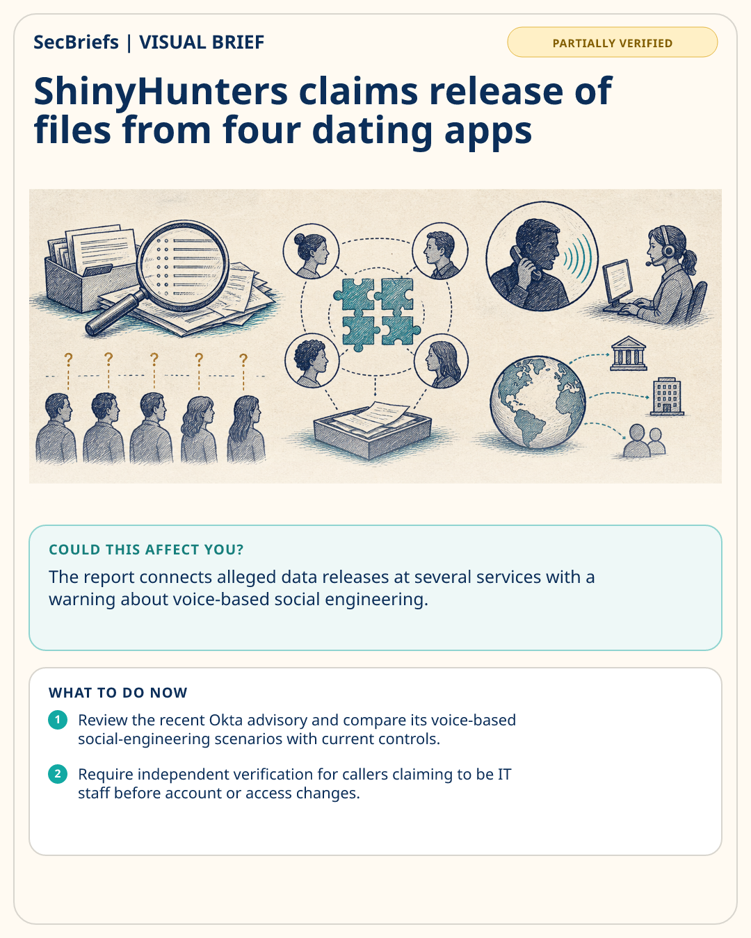 SecBriefs visual brief for ShinyHunters claims release of files from four dating apps
