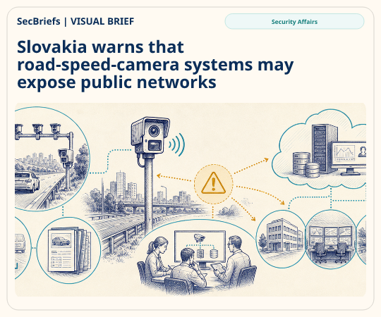SecBriefs homepage illustration for “Slovakia warns that road-speed-camera systems may expose public networks”; source Security Affairs.