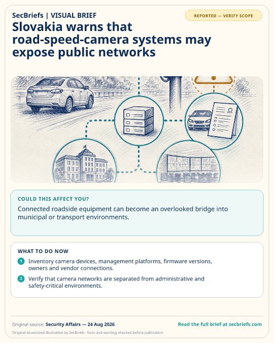 SecBriefs visual brief for “Slovakia warns that road-speed-camera systems may expose public networks”; source Security Affairs, 24 Aug 2026.