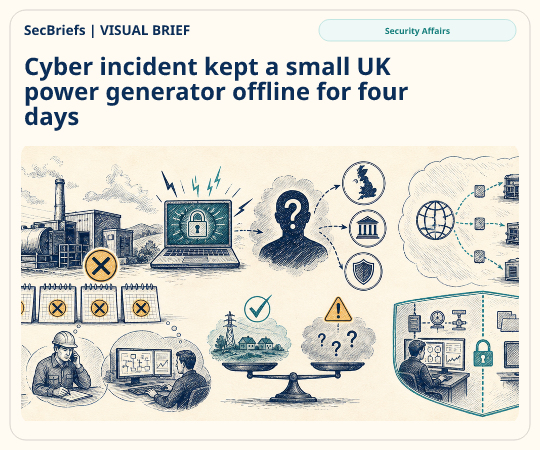 SecBriefs homepage illustration for “Cyber incident kept a small UK power generator offline for four days”; source Security Affairs.