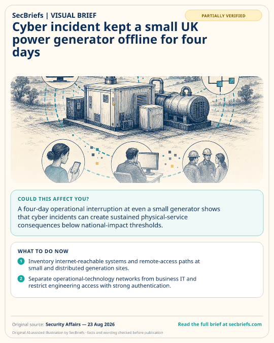 SecBriefs visual brief for “Cyber incident kept a small UK power generator offline for four days”; source Security Affairs, 23 Aug 2026.