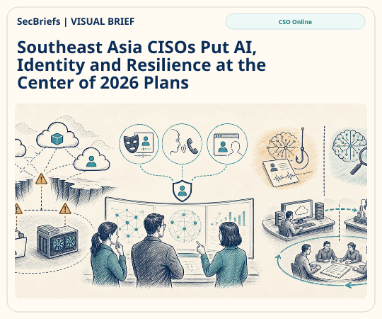 SecBriefs homepage illustration for “Southeast Asia CISOs Put AI, Identity and Resilience at the Center of 2026 Plans”; source CSO Online.