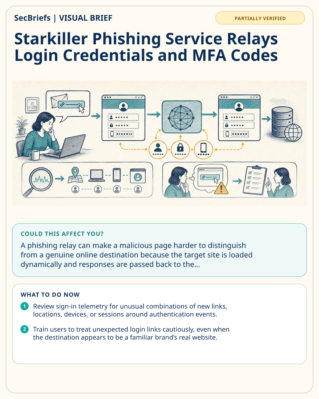 SecBriefs visual brief for Starkiller Phishing Service Relays Login Credentials and MFA Codes